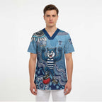 Personalized Geelong Cats Football Mascot Scrub Top Aboriginal Dot Art Style Vibrant Indigenous Pattern Design