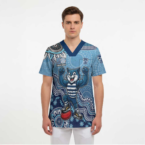 Personalized Geelong Cats Football Mascot Scrub Top Aboriginal Dot Art Style Vibrant Indigenous Pattern Design