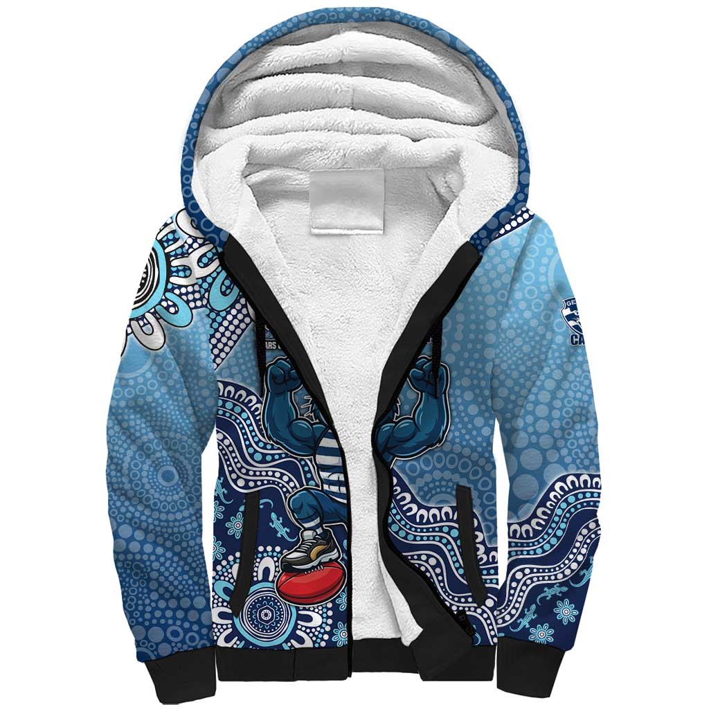 Personalized Geelong Cats Football Mascot Sherpa Hoodie Aboriginal Dot Art Style Vibrant Indigenous Pattern Design