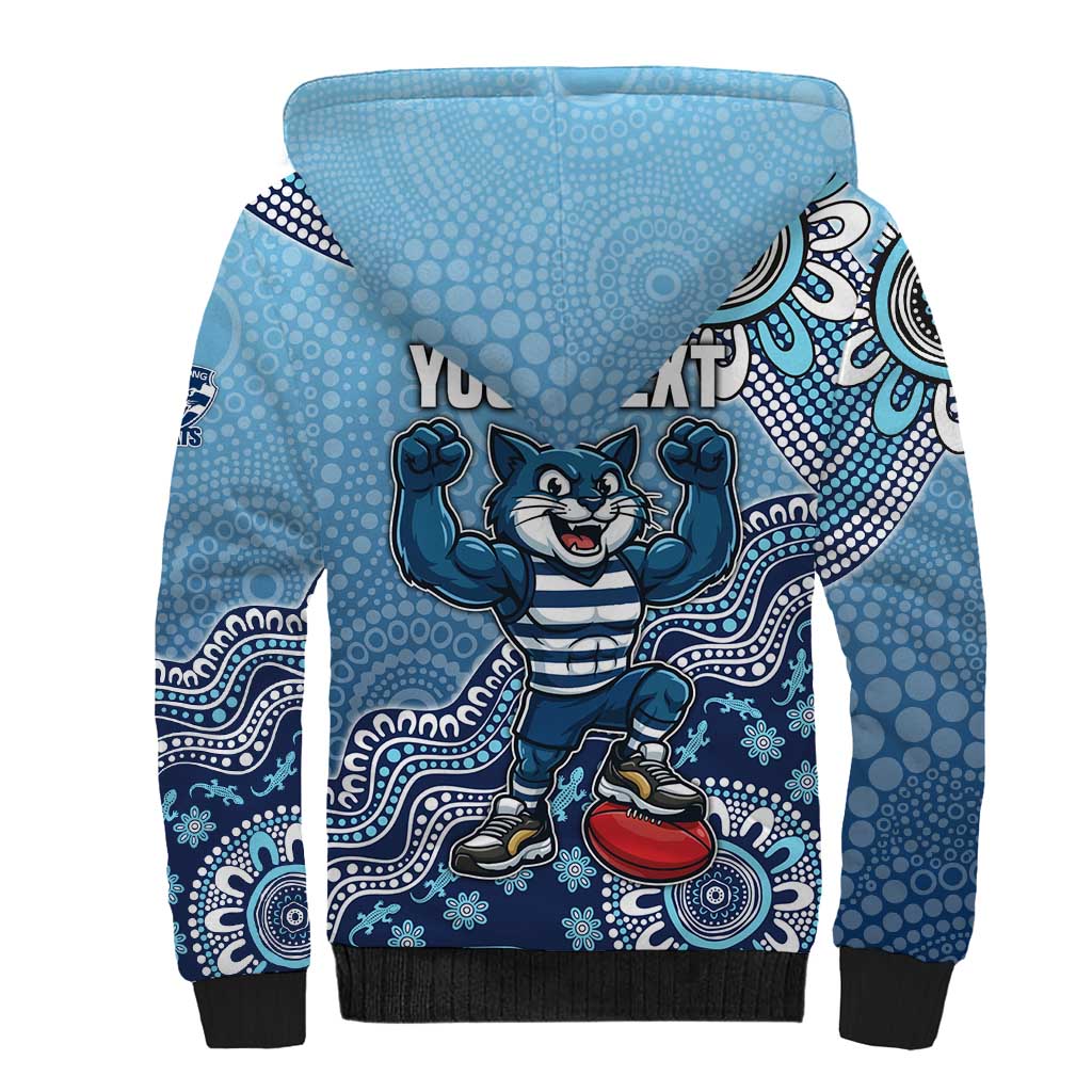 Personalized Geelong Cats Football Mascot Sherpa Hoodie Aboriginal Dot Art Style Vibrant Indigenous Pattern Design