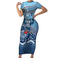 Personalized Geelong Cats Football Mascot Short Sleeve Bodycon Dress Aboriginal Dot Art Style Vibrant Indigenous Pattern Design