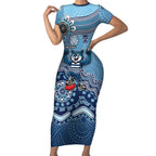 Personalized Geelong Cats Football Mascot Short Sleeve Bodycon Dress Aboriginal Dot Art Style Vibrant Indigenous Pattern Design