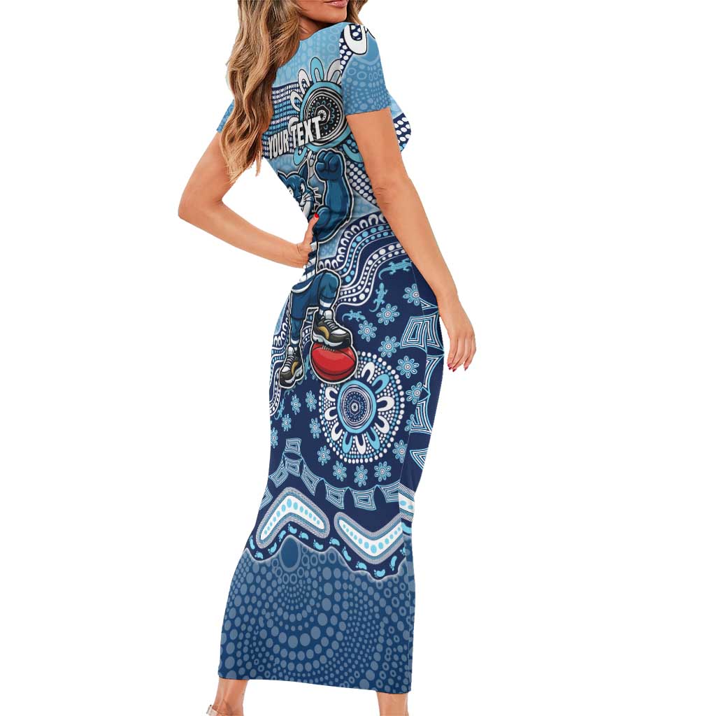 Personalized Geelong Cats Football Mascot Short Sleeve Bodycon Dress Aboriginal Dot Art Style Vibrant Indigenous Pattern Design