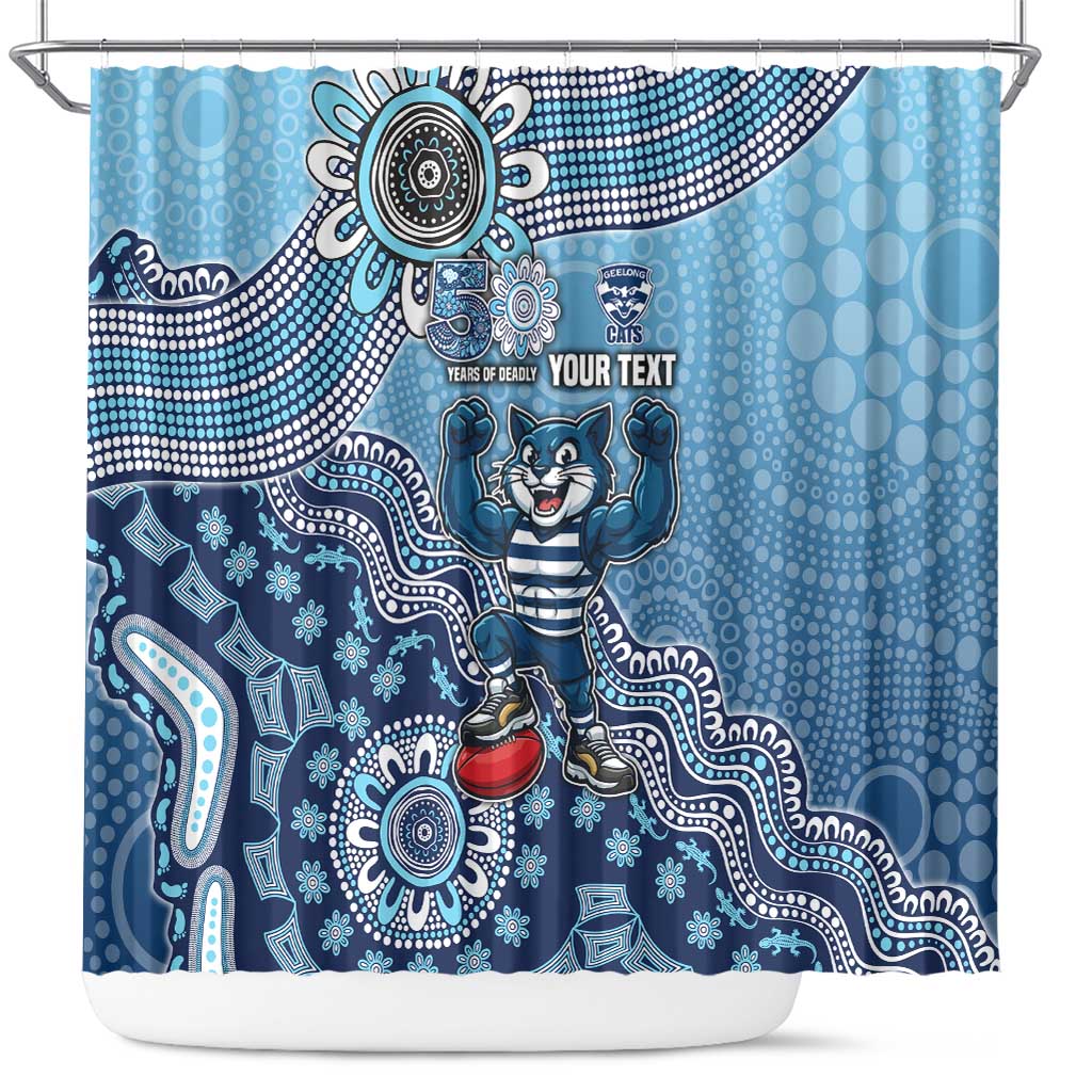 Personalized Geelong Cats Football Mascot Shower Curtain Aboriginal Dot Art Style Vibrant Indigenous Pattern Design
