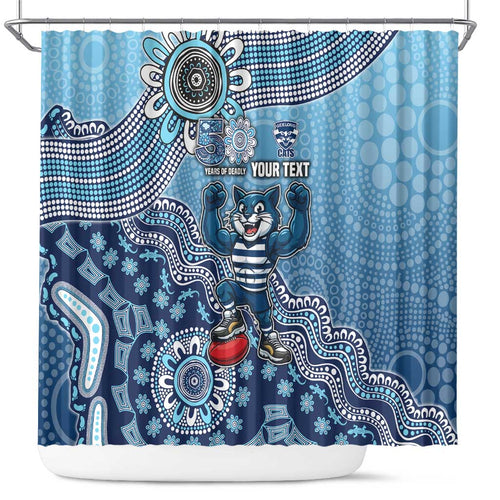 Personalized Geelong Cats Football Mascot Shower Curtain Aboriginal Dot Art Style Vibrant Indigenous Pattern Design
