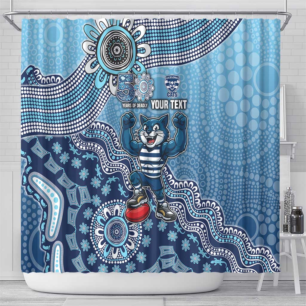 Personalized Geelong Cats Football Mascot Shower Curtain Aboriginal Dot Art Style Vibrant Indigenous Pattern Design