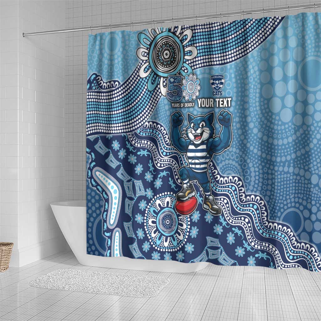 Personalized Geelong Cats Football Mascot Shower Curtain Aboriginal Dot Art Style Vibrant Indigenous Pattern Design