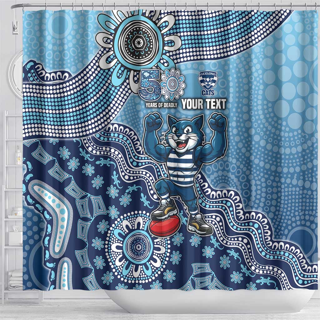 Personalized Geelong Cats Football Mascot Shower Curtain Aboriginal Dot Art Style Vibrant Indigenous Pattern Design