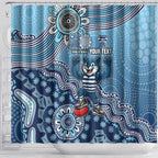 Personalized Geelong Cats Football Mascot Shower Curtain Aboriginal Dot Art Style Vibrant Indigenous Pattern Design