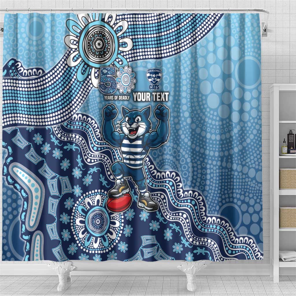 Personalized Geelong Cats Football Mascot Shower Curtain Aboriginal Dot Art Style Vibrant Indigenous Pattern Design