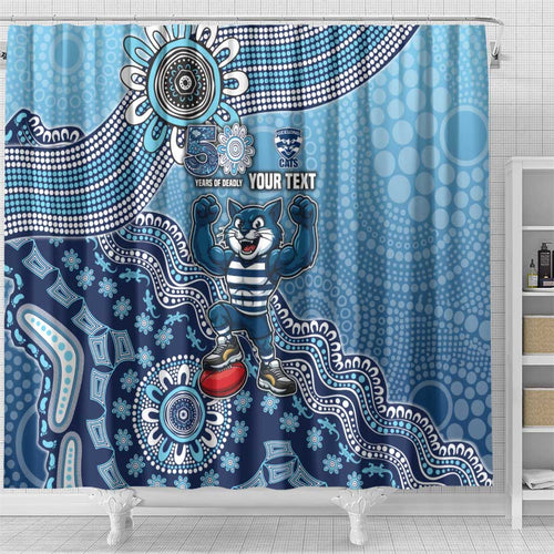 Personalized Geelong Cats Football Mascot Shower Curtain Aboriginal Dot Art Style Vibrant Indigenous Pattern Design