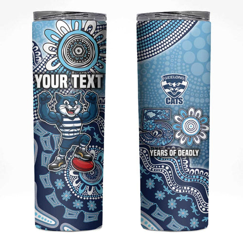 Personalized Geelong Cats Football Mascot Skinny Tumbler Aboriginal Dot Art Style Vibrant Indigenous Pattern Design