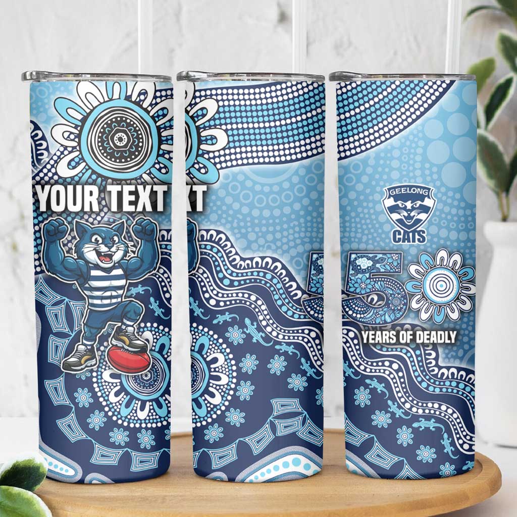 Personalized Geelong Cats Football Mascot Skinny Tumbler Aboriginal Dot Art Style Vibrant Indigenous Pattern Design