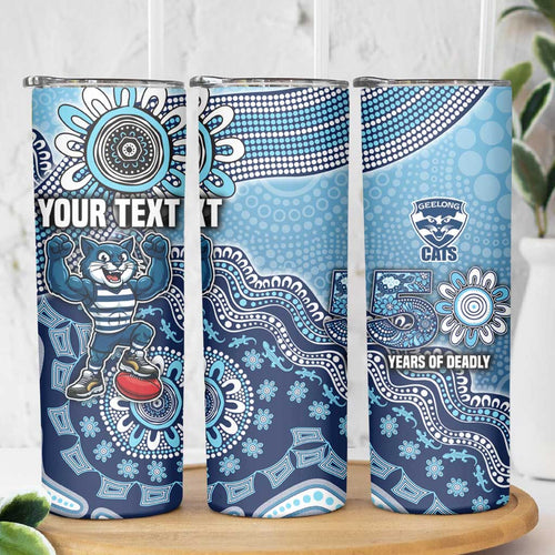 Personalized Geelong Cats Football Mascot Skinny Tumbler Aboriginal Dot Art Style Vibrant Indigenous Pattern Design