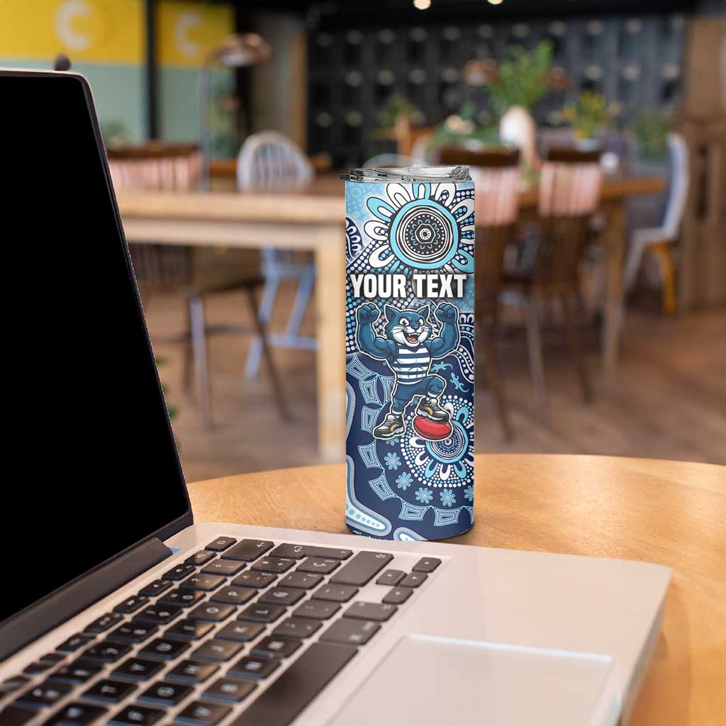 Personalized Geelong Cats Football Mascot Skinny Tumbler Aboriginal Dot Art Style Vibrant Indigenous Pattern Design