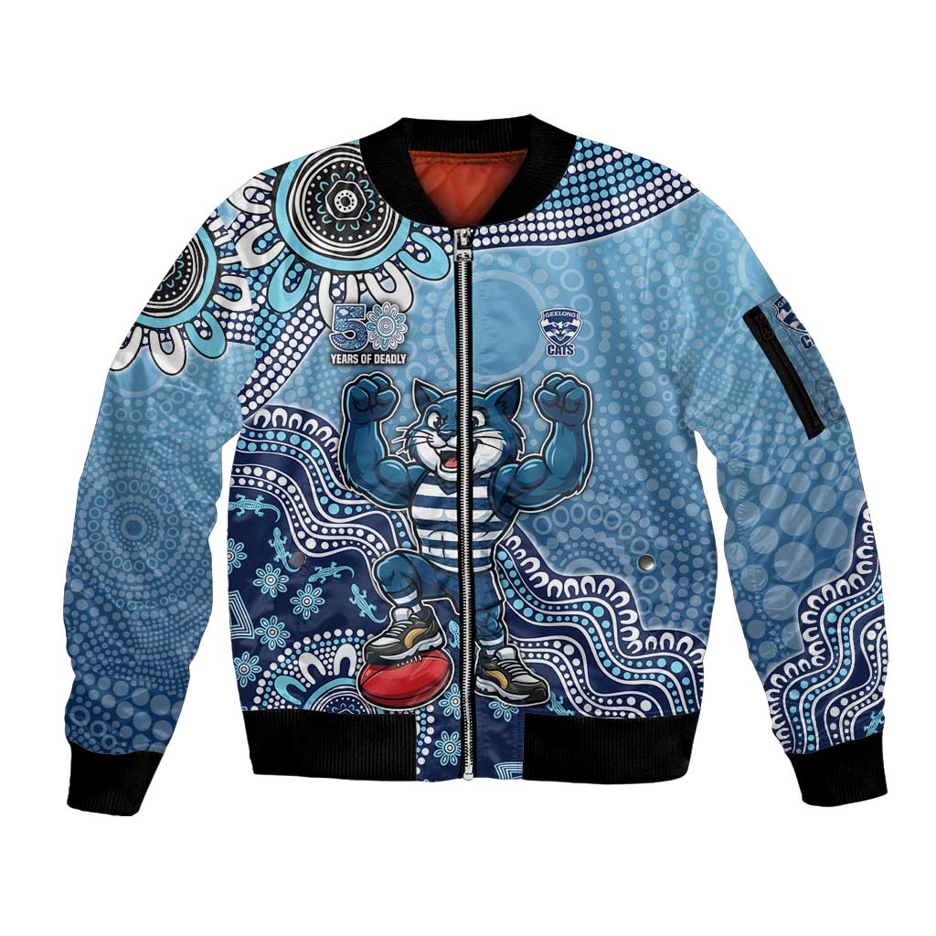 Personalized Geelong Cats Football Mascot Sleeve Zip Bomber Jacket Aboriginal Dot Art Style Vibrant Indigenous Pattern Design