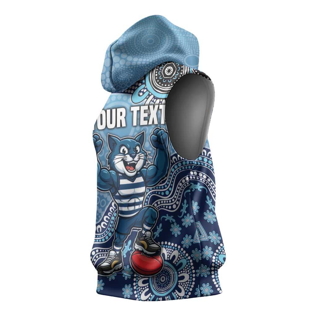 Personalized Geelong Cats Football Mascot Sleeveless Hoodie Aboriginal Dot Art Style Vibrant Indigenous Pattern Design