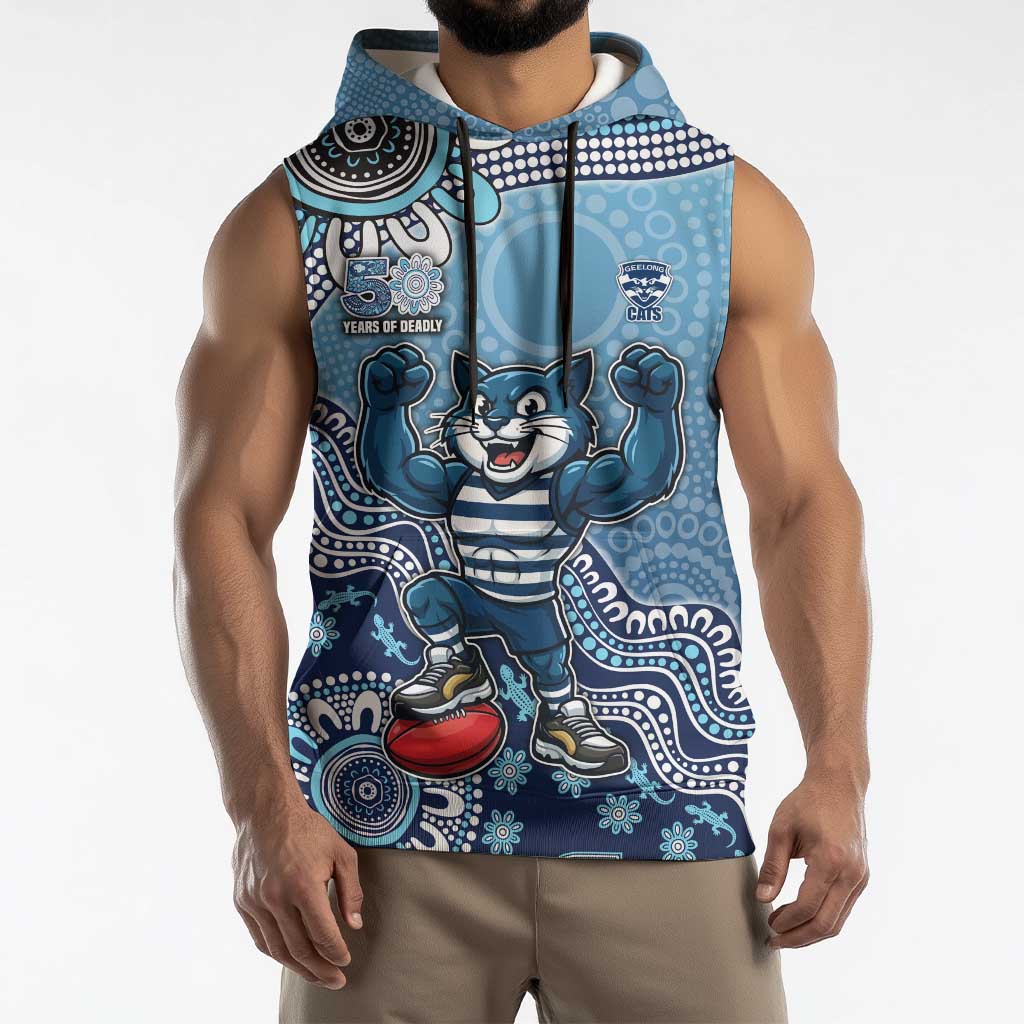 Personalized Geelong Cats Football Mascot Sleeveless Hoodie Aboriginal Dot Art Style Vibrant Indigenous Pattern Design