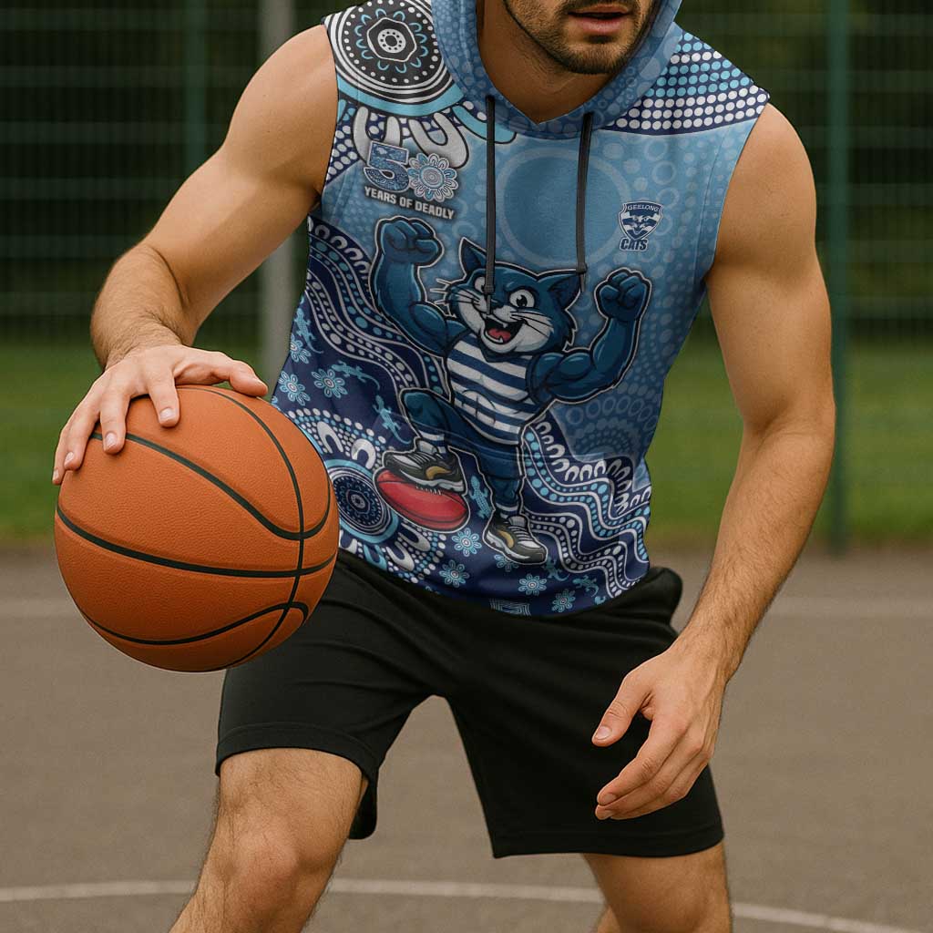 Personalized Geelong Cats Football Mascot Sleeveless Hoodie Aboriginal Dot Art Style Vibrant Indigenous Pattern Design