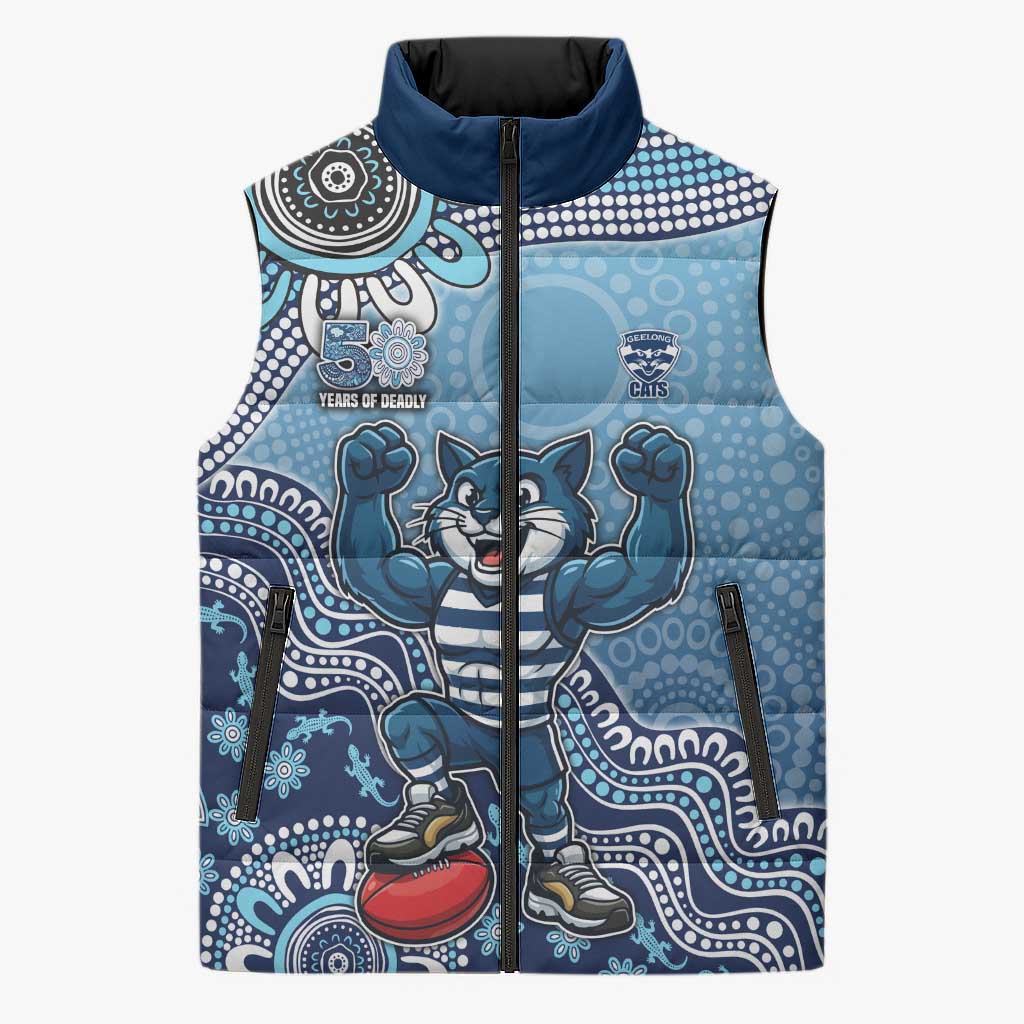 Personalized Geelong Cats Football Mascot Sleeveless Puffer Jacket Aboriginal Dot Art Style Vibrant Indigenous Pattern Design