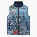 Personalized Geelong Cats Football Mascot Sleeveless Puffer Jacket Aboriginal Dot Art Style Vibrant Indigenous Pattern Design