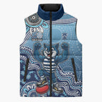 Personalized Geelong Cats Football Mascot Sleeveless Puffer Jacket Aboriginal Dot Art Style Vibrant Indigenous Pattern Design