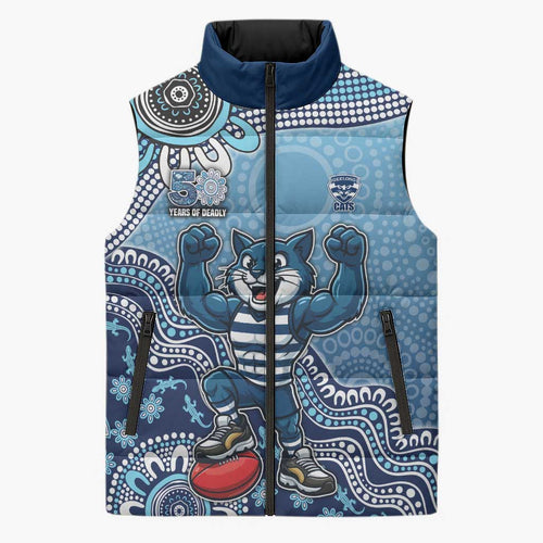 Personalized Geelong Cats Football Mascot Sleeveless Puffer Jacket Aboriginal Dot Art Style Vibrant Indigenous Pattern Design