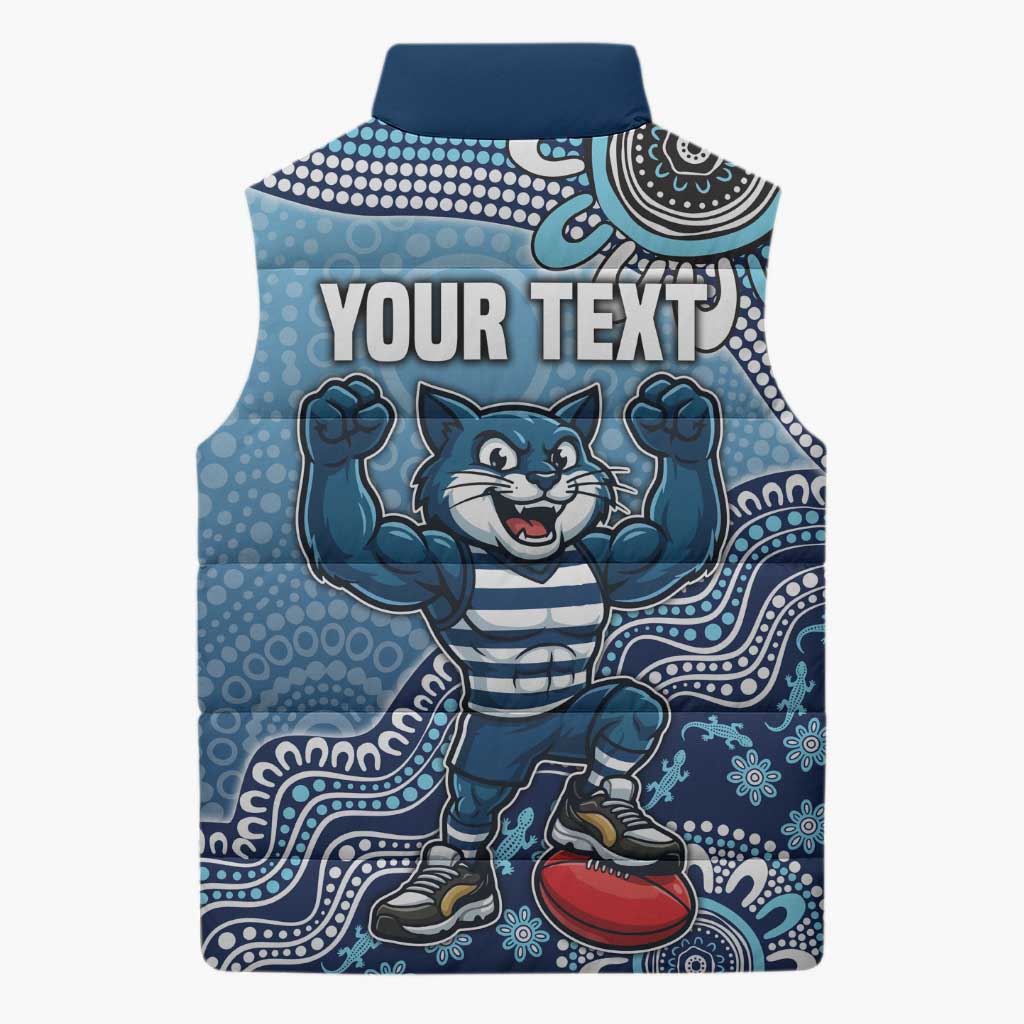 Personalized Geelong Cats Football Mascot Sleeveless Puffer Jacket Aboriginal Dot Art Style Vibrant Indigenous Pattern Design