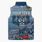 Personalized Geelong Cats Football Mascot Sleeveless Puffer Jacket Aboriginal Dot Art Style Vibrant Indigenous Pattern Design
