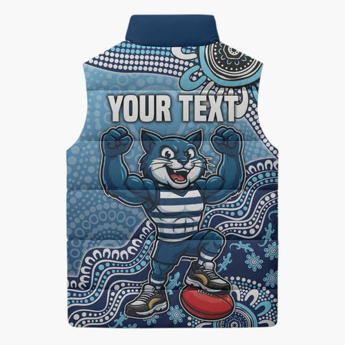 Personalized Geelong Cats Football Mascot Sleeveless Puffer Jacket Aboriginal Dot Art Style Vibrant Indigenous Pattern Design