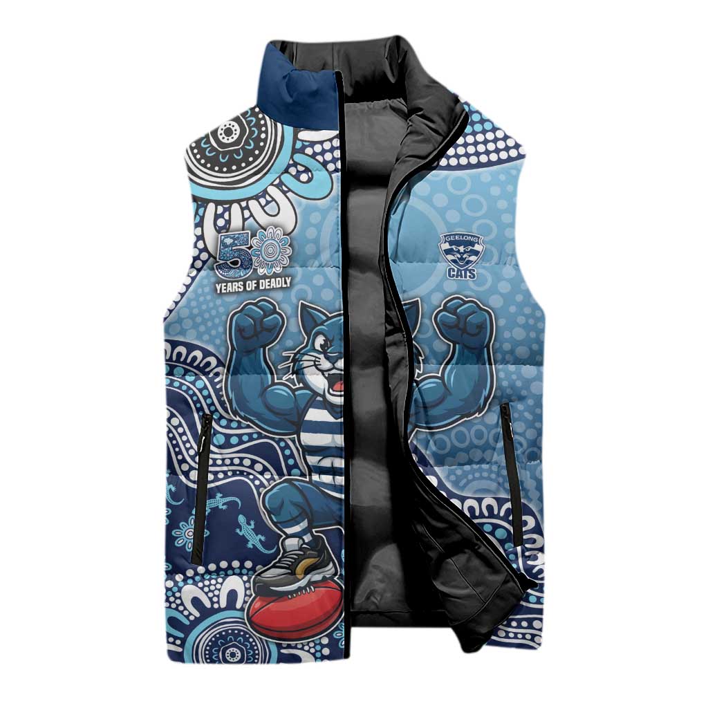 Personalized Geelong Cats Football Mascot Sleeveless Puffer Jacket Aboriginal Dot Art Style Vibrant Indigenous Pattern Design