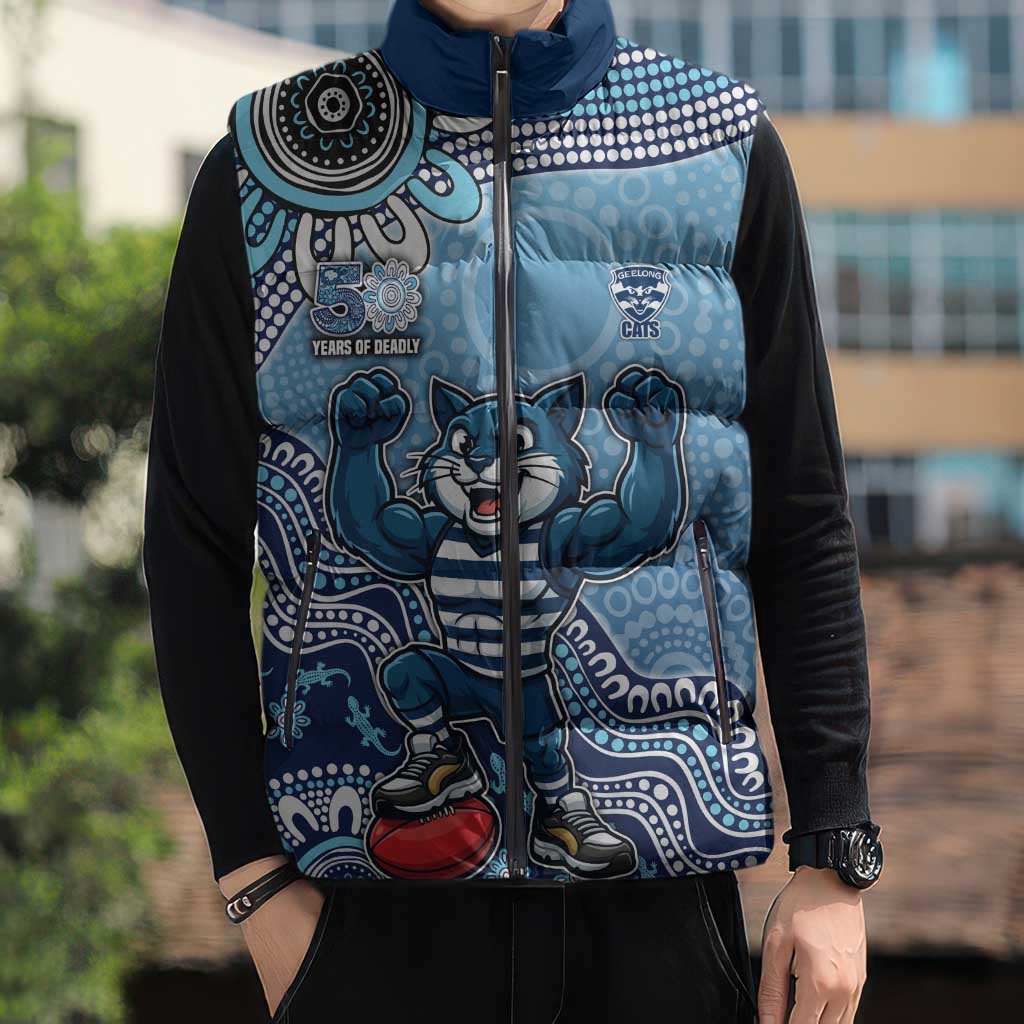 Personalized Geelong Cats Football Mascot Sleeveless Puffer Jacket Aboriginal Dot Art Style Vibrant Indigenous Pattern Design
