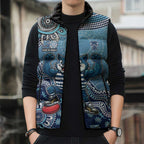 Personalized Geelong Cats Football Mascot Sleeveless Puffer Jacket Aboriginal Dot Art Style Vibrant Indigenous Pattern Design