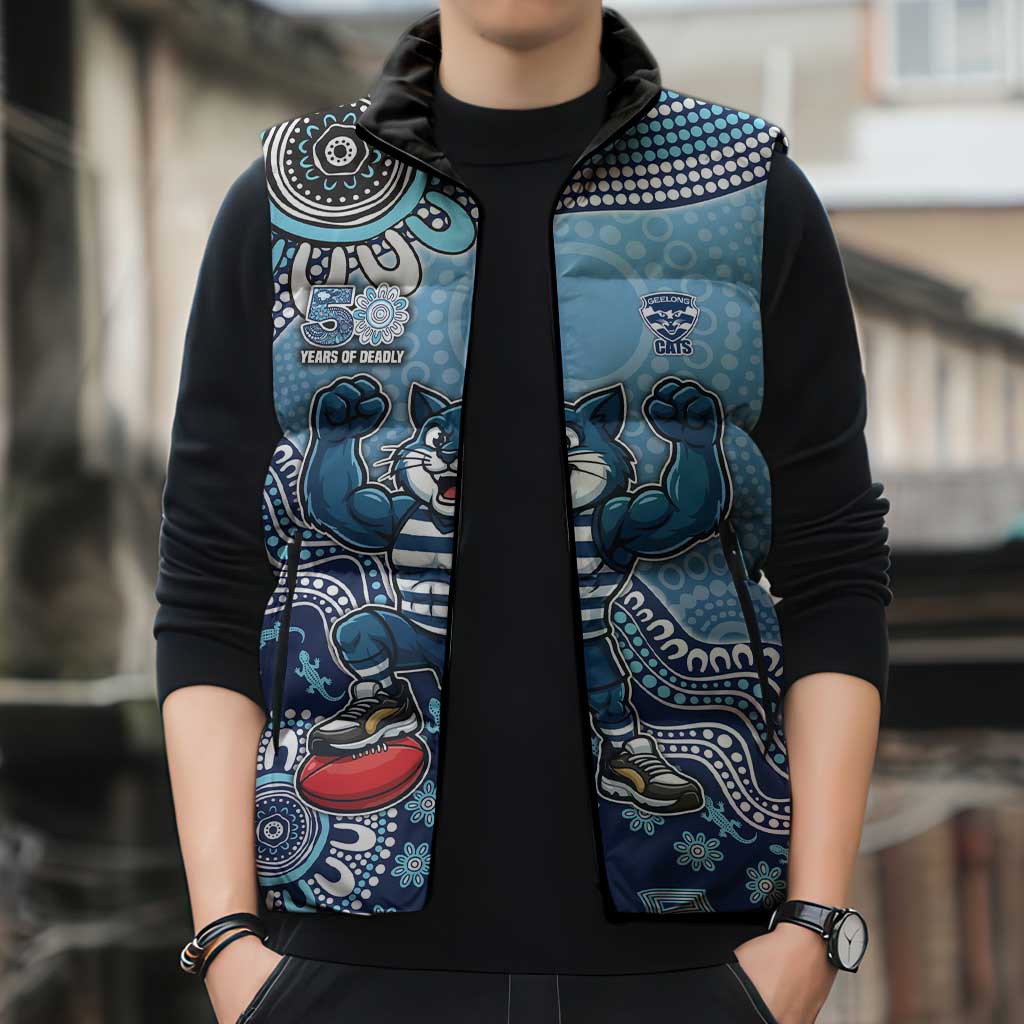 Personalized Geelong Cats Football Mascot Sleeveless Puffer Jacket Aboriginal Dot Art Style Vibrant Indigenous Pattern Design