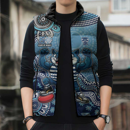 Personalized Geelong Cats Football Mascot Sleeveless Puffer Jacket Aboriginal Dot Art Style Vibrant Indigenous Pattern Design