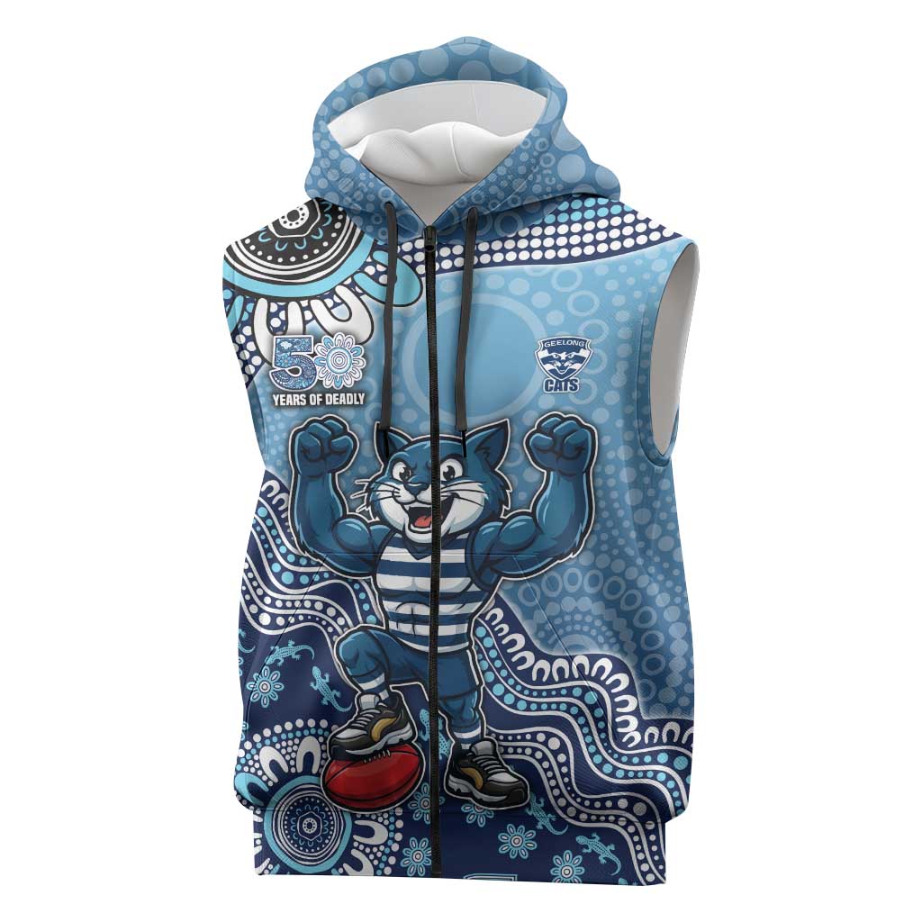 Personalized Geelong Cats Football Mascot Sleeveless Zip Hoodie Aboriginal Dot Art Style Vibrant Indigenous Pattern Design