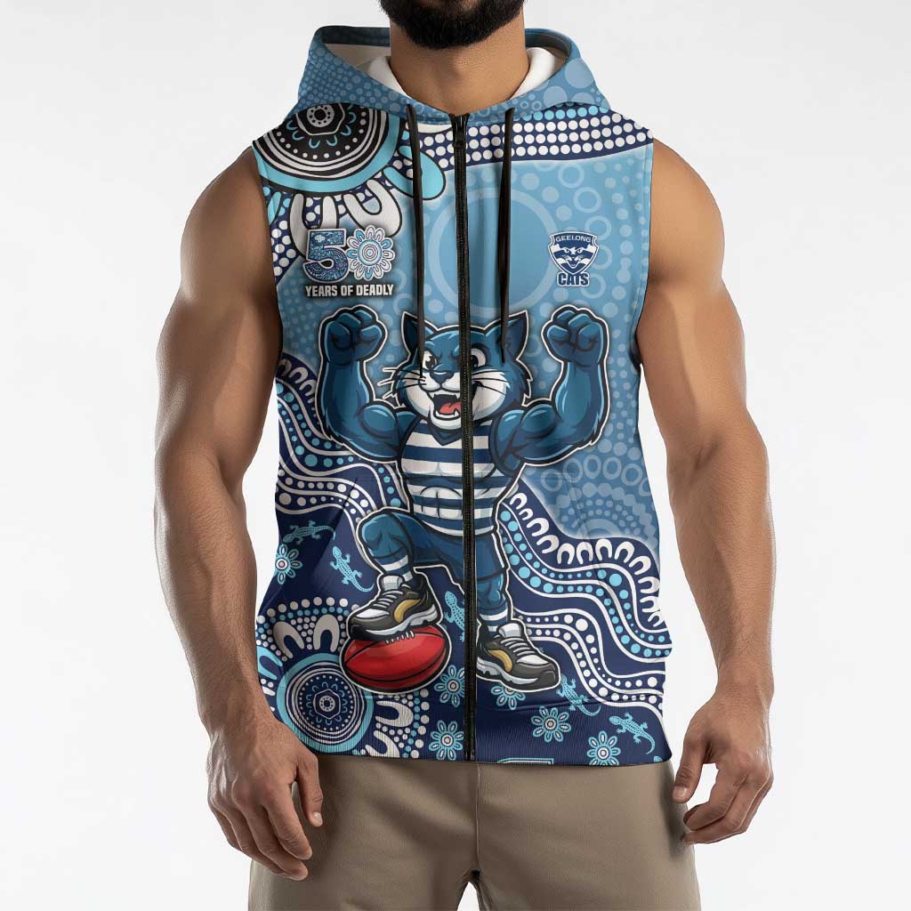 Personalized Geelong Cats Football Mascot Sleeveless Zip Hoodie Aboriginal Dot Art Style Vibrant Indigenous Pattern Design