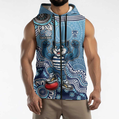 Personalized Geelong Cats Football Mascot Sleeveless Zip Hoodie Aboriginal Dot Art Style Vibrant Indigenous Pattern Design
