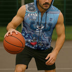 Personalized Geelong Cats Football Mascot Sleeveless Zip Hoodie Aboriginal Dot Art Style Vibrant Indigenous Pattern Design
