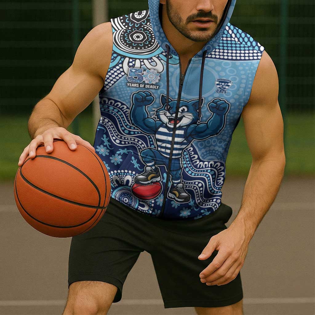 Personalized Geelong Cats Football Mascot Sleeveless Zip Hoodie Aboriginal Dot Art Style Vibrant Indigenous Pattern Design