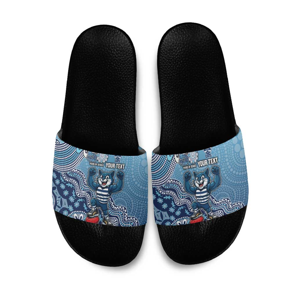 Personalized Geelong Cats Football Mascot Slide Sandals Aboriginal Dot Art Style Vibrant Indigenous Pattern Design