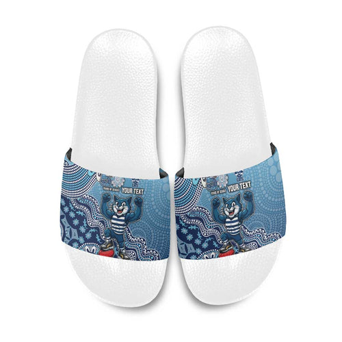 Personalized Geelong Cats Football Mascot Slide Sandals Aboriginal Dot Art Style Vibrant Indigenous Pattern Design