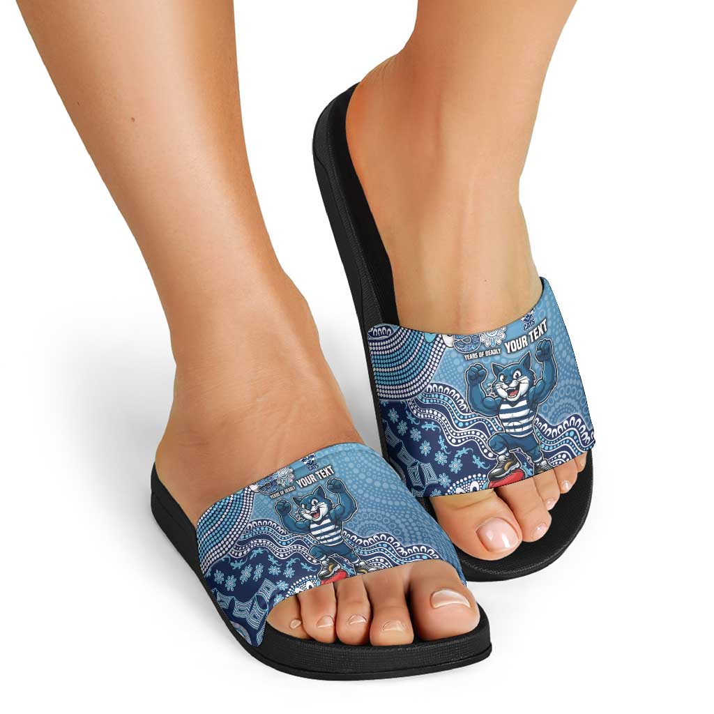 Personalized Geelong Cats Football Mascot Slide Sandals Aboriginal Dot Art Style Vibrant Indigenous Pattern Design