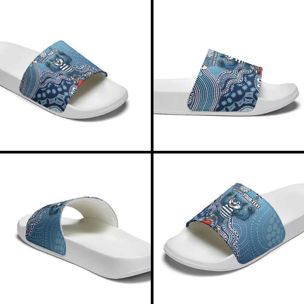 Personalized Geelong Cats Football Mascot Slide Sandals Aboriginal Dot Art Style Vibrant Indigenous Pattern Design