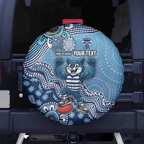 Personalized Geelong Cats Football Mascot Spare Tire Cover Aboriginal Dot Art Style Vibrant Indigenous Pattern Design