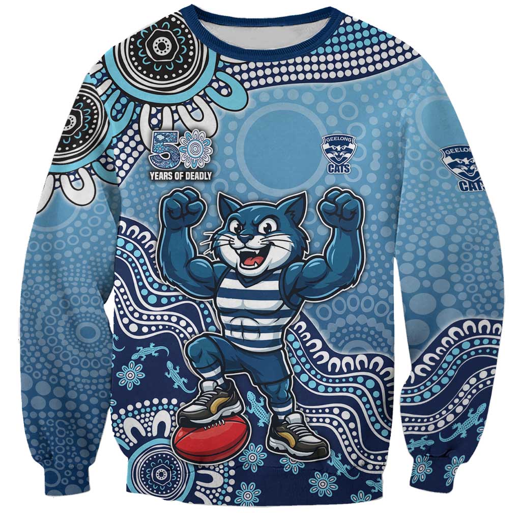 Personalized Geelong Cats Football Mascot Sweatshirt Aboriginal Dot Art Style Vibrant Indigenous Pattern Design