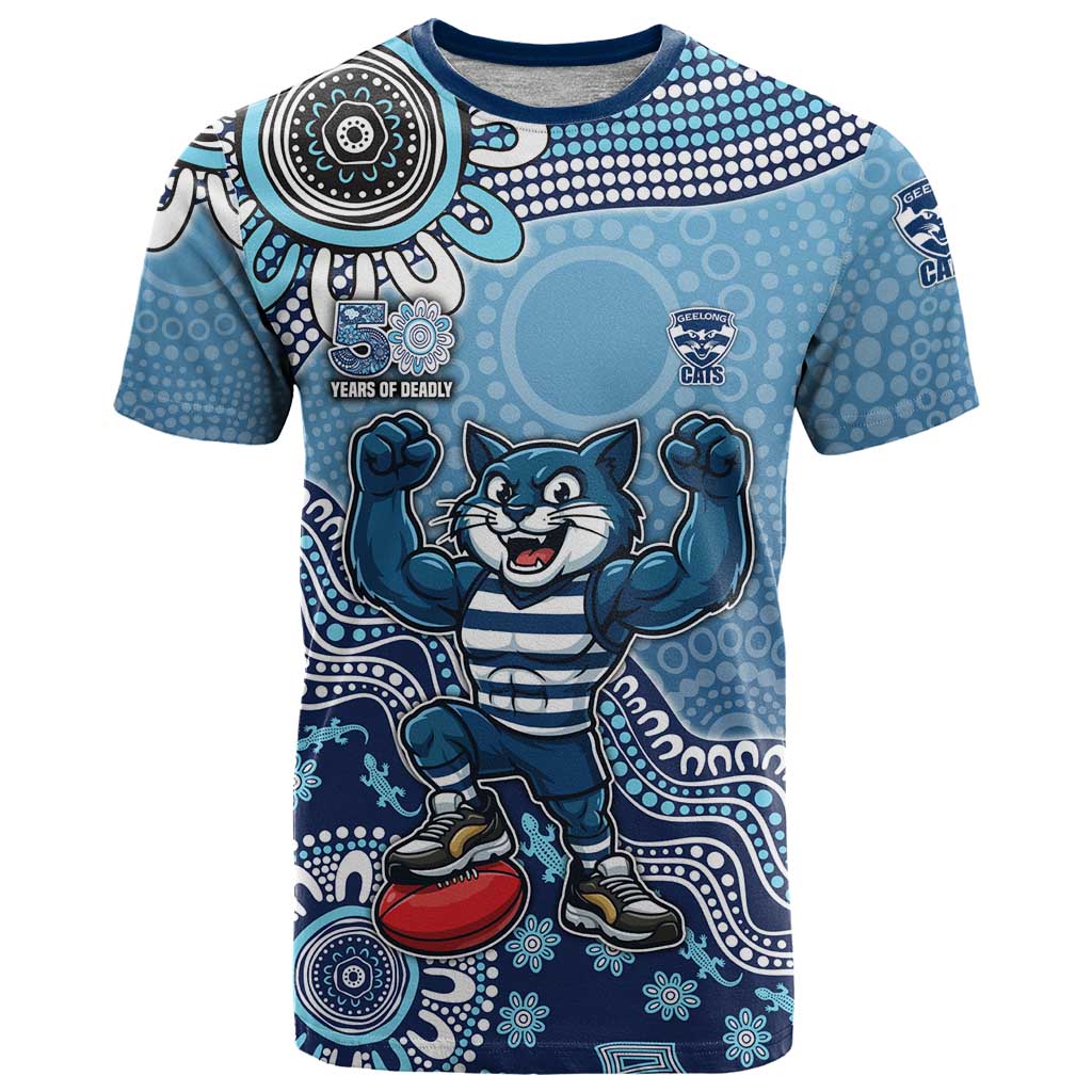Personalized Geelong Cats Football Mascot T Shirt Aboriginal Dot Art Style Vibrant Indigenous Pattern Design