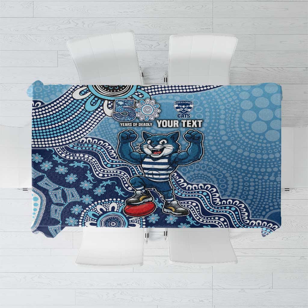 Personalized Geelong Cats Football Mascot Tablecloth Aboriginal Dot Art Style Vibrant Indigenous Pattern Design