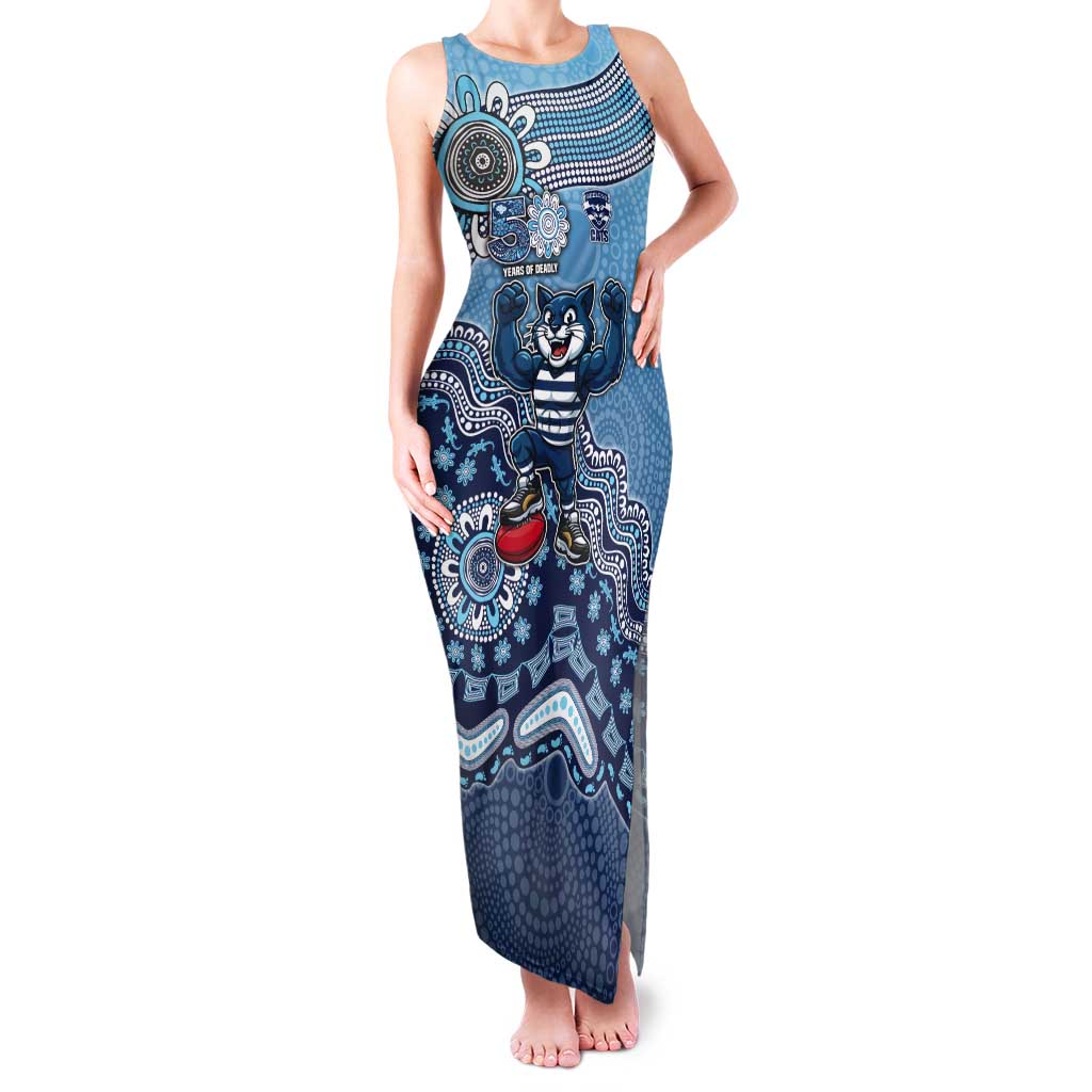 Personalized Geelong Cats Football Mascot Tank Maxi Dress Aboriginal Dot Art Style Vibrant Indigenous Pattern Design
