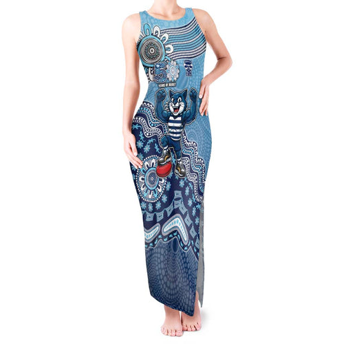 Personalized Geelong Cats Football Mascot Tank Maxi Dress Aboriginal Dot Art Style Vibrant Indigenous Pattern Design